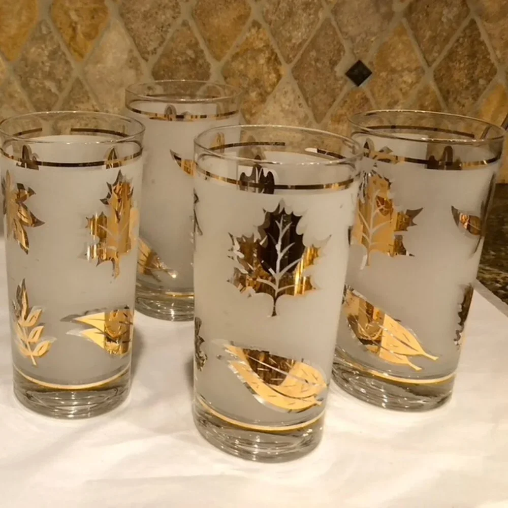 Vintage Libby Golden Foliage Frosted Ice Bucket 4 Highball Glasses 5 Piece Set